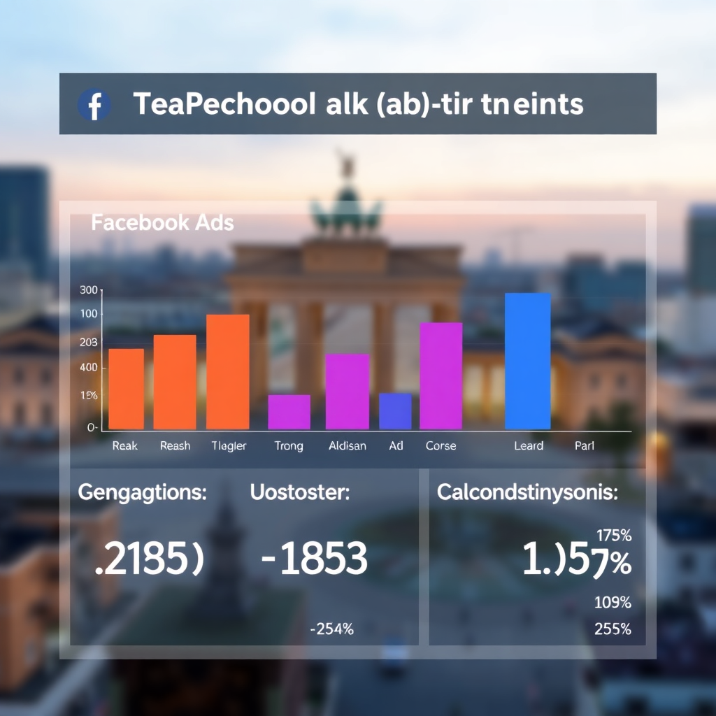 A graphic displaying a dashboard of Facebook ad performance metrics, including reach, engagement, and conversions. The background is a blurred image of Berlin's skyline. The color palette is data-driven and informative. Technical specs: High resolution, clear visualization of the data.