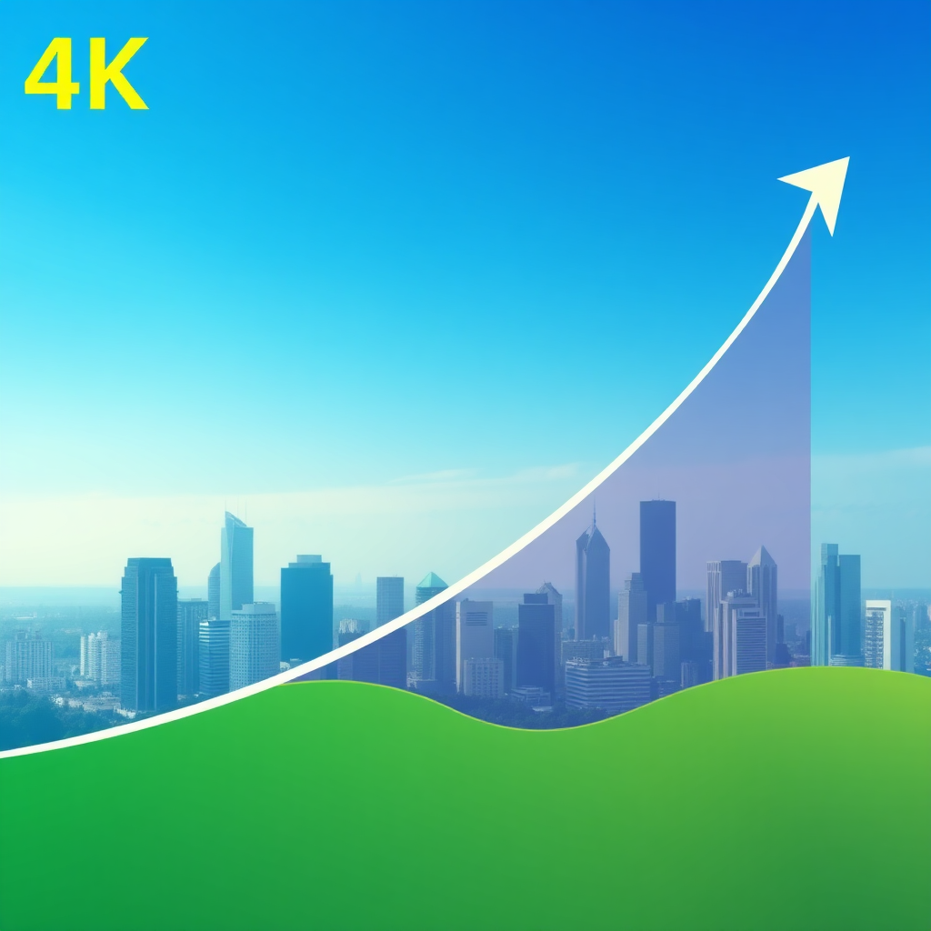 A graphic representation of exponential growth, showing an upward-sloping curve that represents business scaling. The background is a cityscape, symbolizing expansion and opportunity. The colors are vibrant, with shades of green and blue. 4k, graphic design.