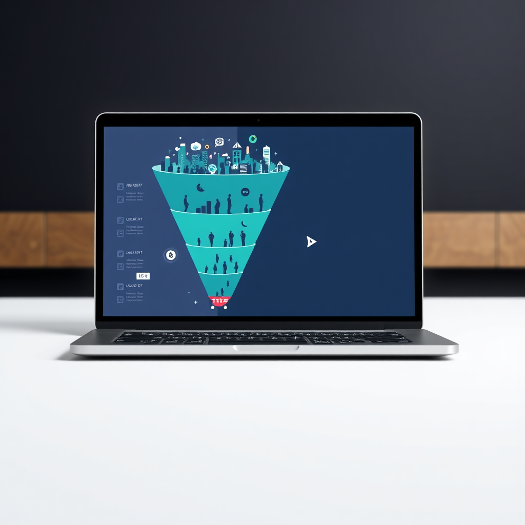 A laptop shows a sales funnel with a lot of traffic at the start that becomes converted into paying customers due to e-commerce solutions and AI-driven conversion optimization.