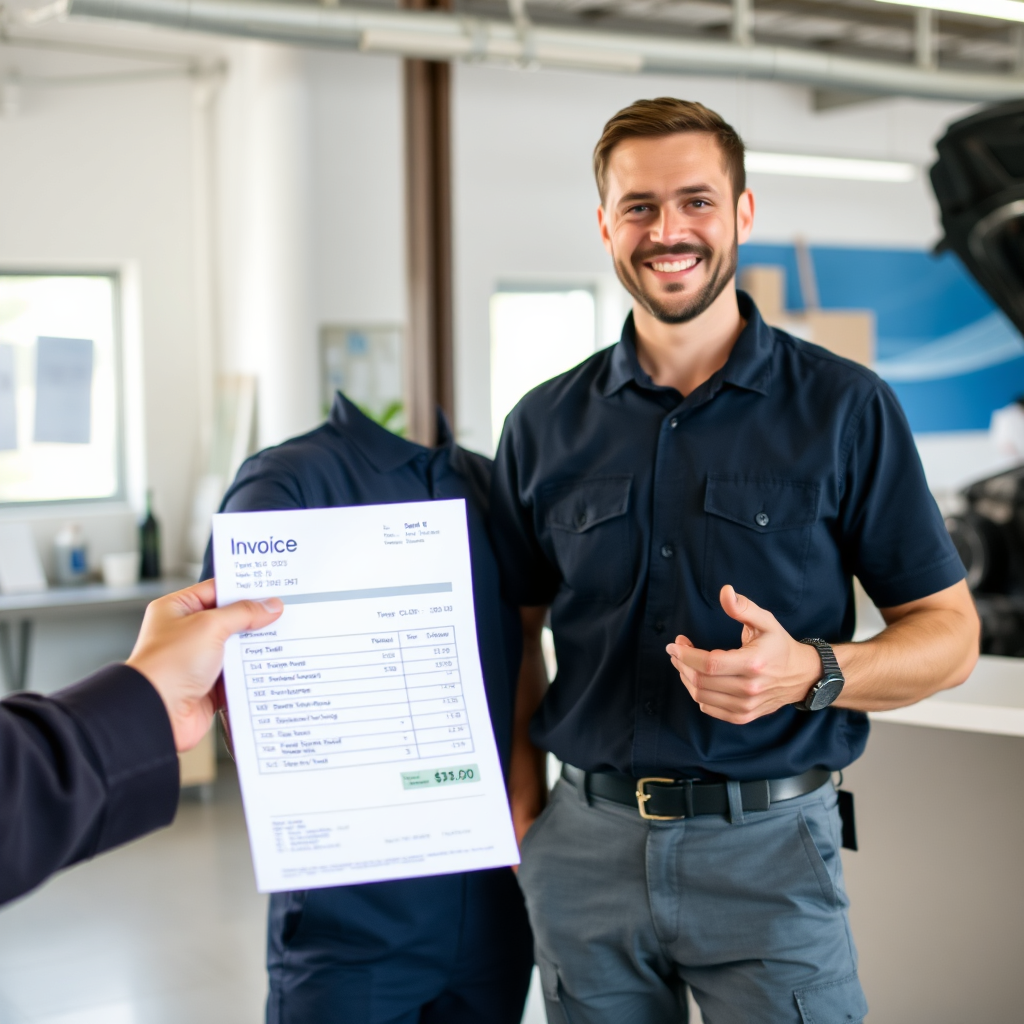 A mechanic handing an invoice to a customer with a friendly smile. The invoice shows a surprisingly low total. The background is a clean, organized reception area.