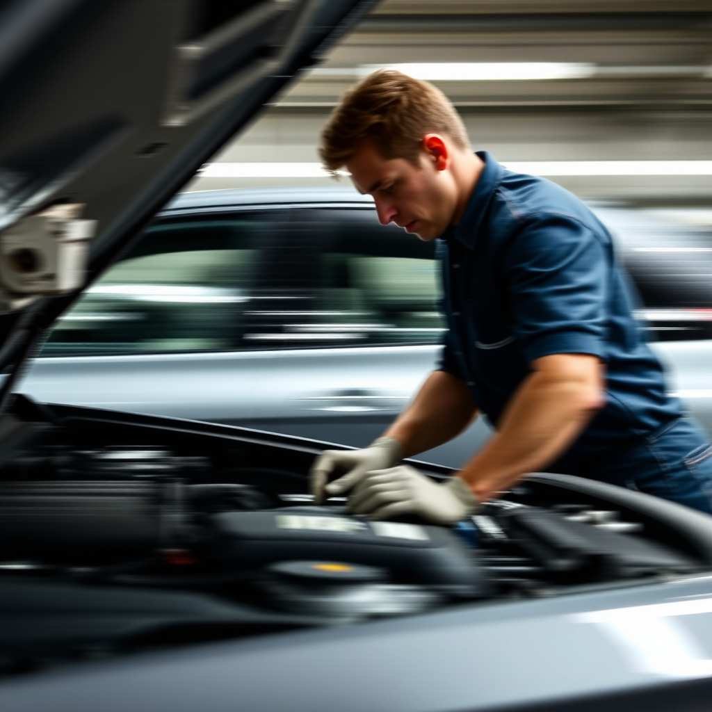 A mechanic working quickly and efficiently on a car, with a blurred background suggesting speed and movement.