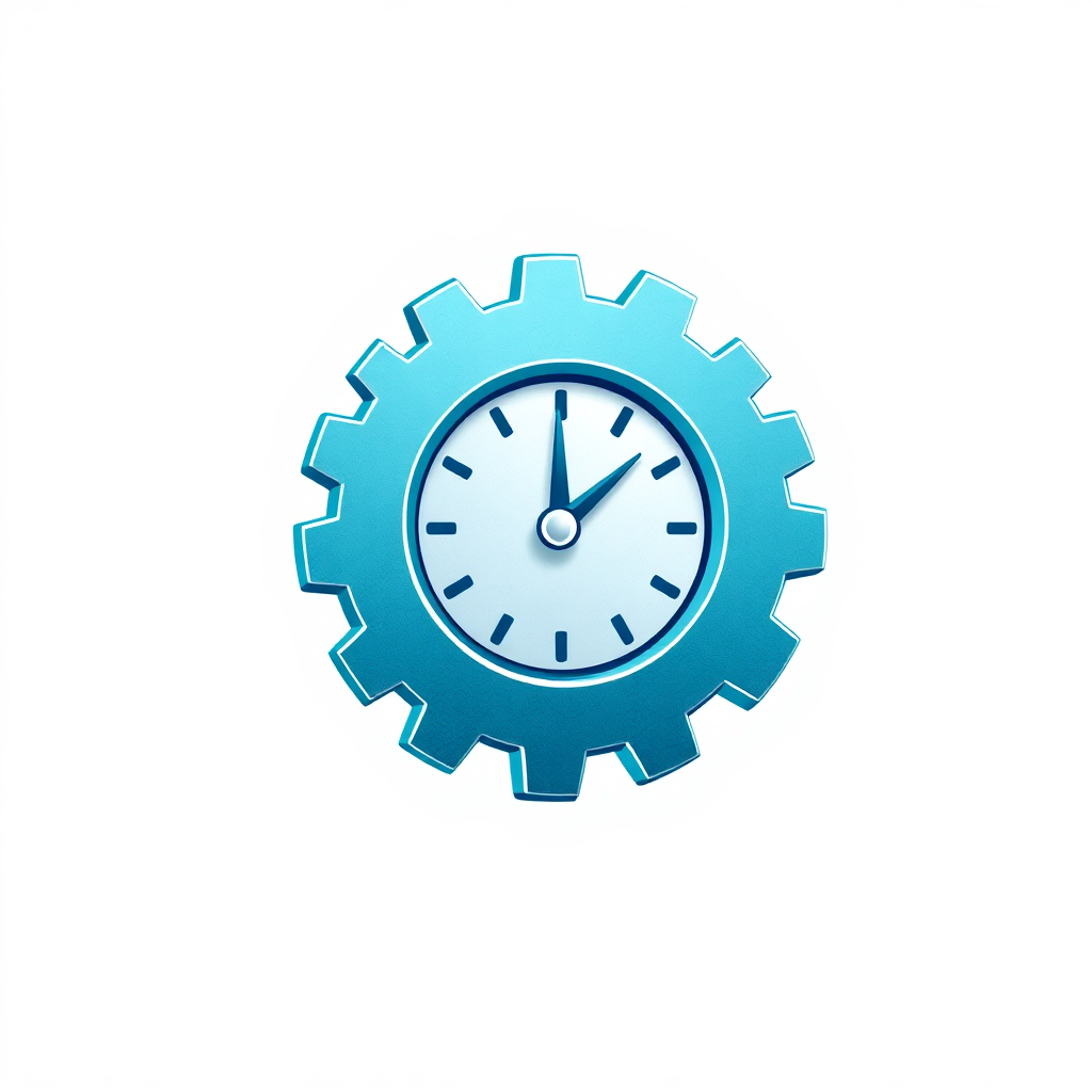 A minimalist graphic of a cogwheel turning smoothly and efficiently, symbolizing automation. A clock is partially visible, indicating time saved. The color scheme is clean and professional, using blues and greens. The style is modern and simple, focusing on clarity and efficiency. The cogwheel is highly detailed, with subtle metallic textures. The background is a clean, light gradient. Technical specs: High-resolution vector graphic, sharp lines, subtle shadows.