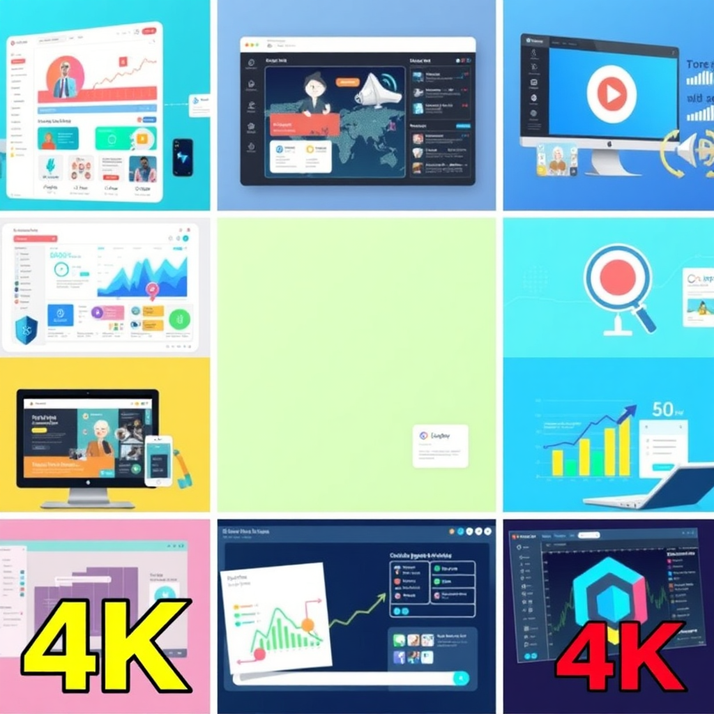 A montage showcasing various digital marketing tools and platforms, including ad campaign dashboards, video editing software, and SEO analytics platforms. The montage is bright and colorful, highlighting the diversity and dynamism of the digital marketing world. 4K