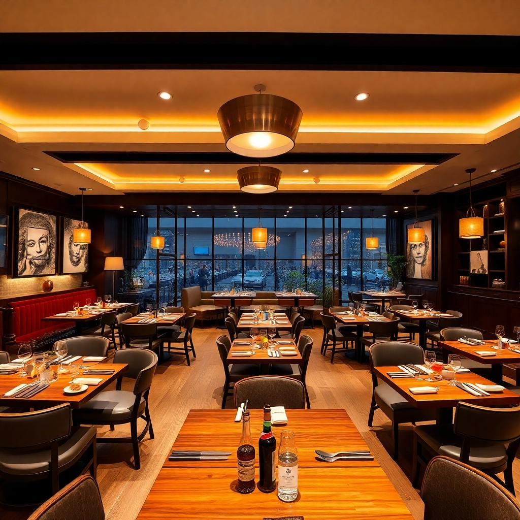 A panoramic shot of the interior of one of the restaurants, showcasing its design and atmosphere. The photo should capture the overall ambiance of the space, emphasizing elements such as lighting, decor, and seating arrangements. High-quality image resolution is important to showcase the details of the design.