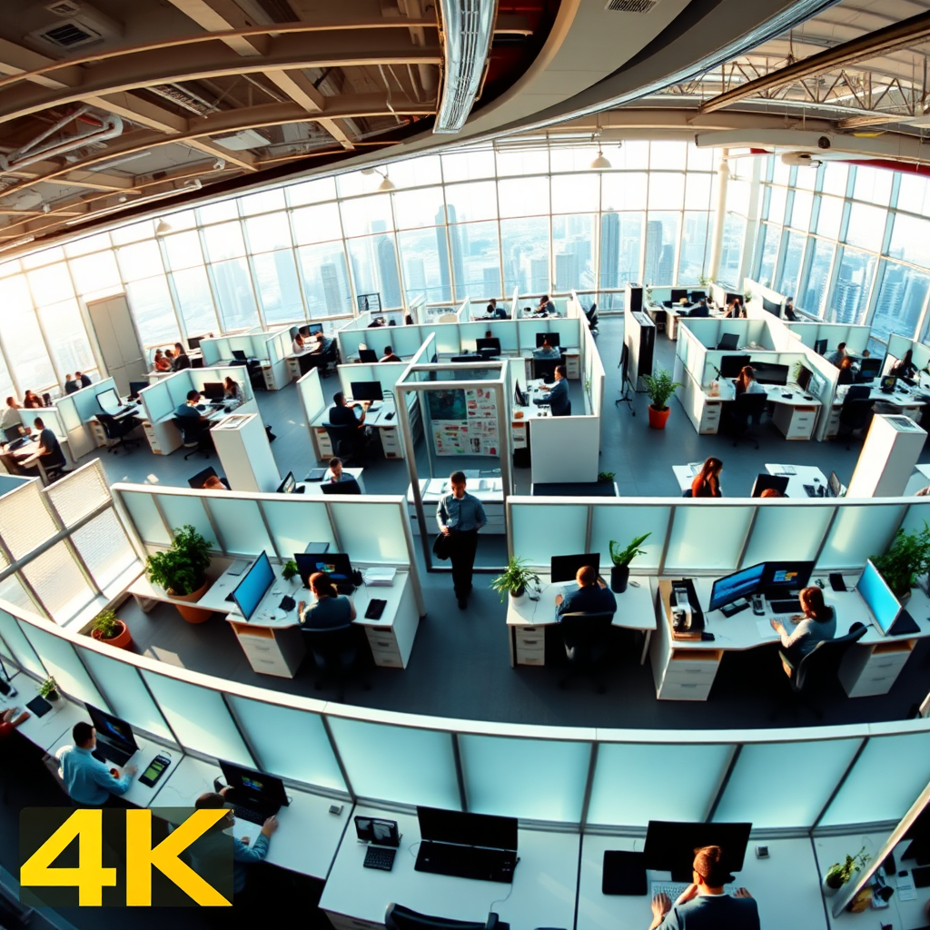 A panoramic view of a successful business empire, with multiple offices and employees working together seamlessly. The scene is brightly lit and optimistic, conveying a sense of stability and long-term success. 4K