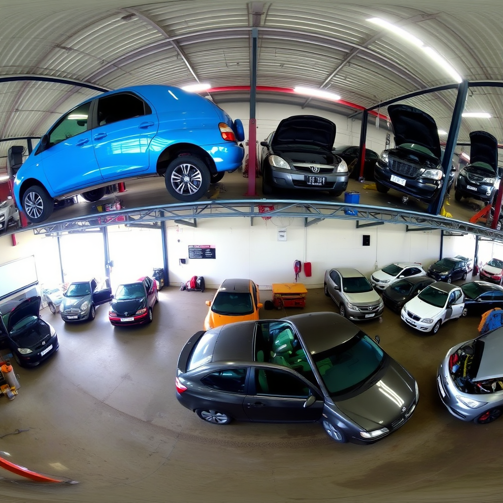 A panoramic view of the Oyiboke Car Repairs workshop, showcasing a variety of vehicle types being serviced simultaneously.