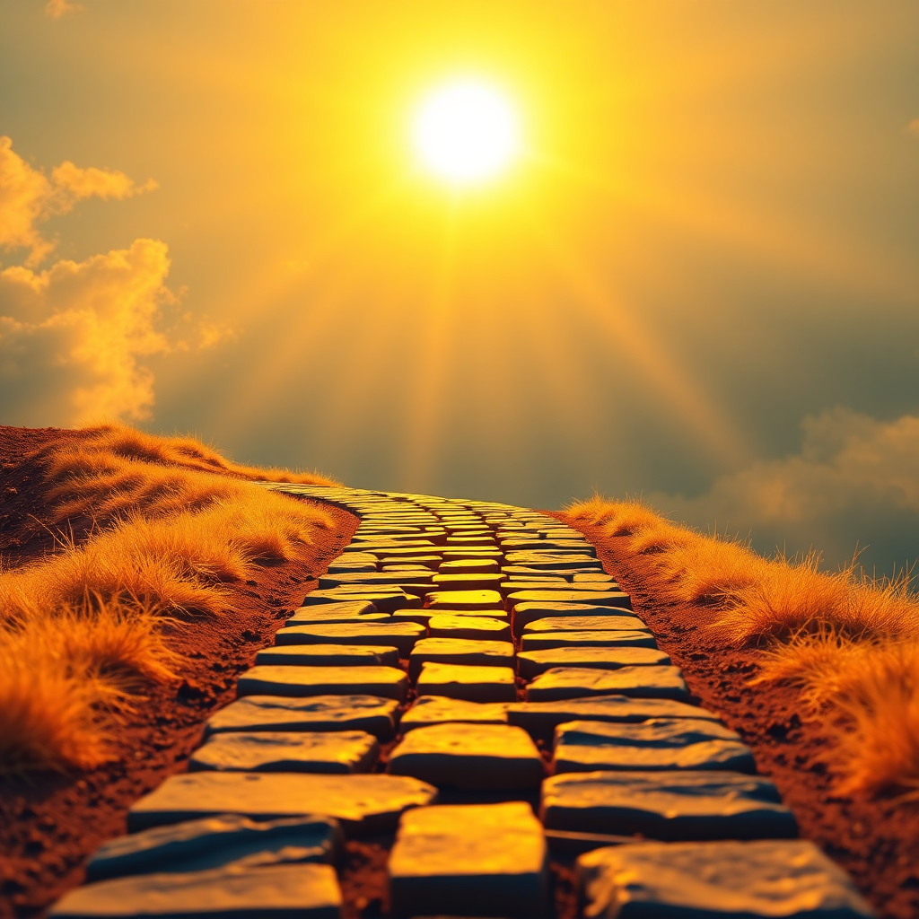 A path leading towards a bright and promising future, with clear milestones along the way, representing the steps in an affiliate marketing journey. The lighting should be warm and encouraging, creating a sense of optimism. The color scheme should be inviting, with yellows and oranges. 4K resolution.