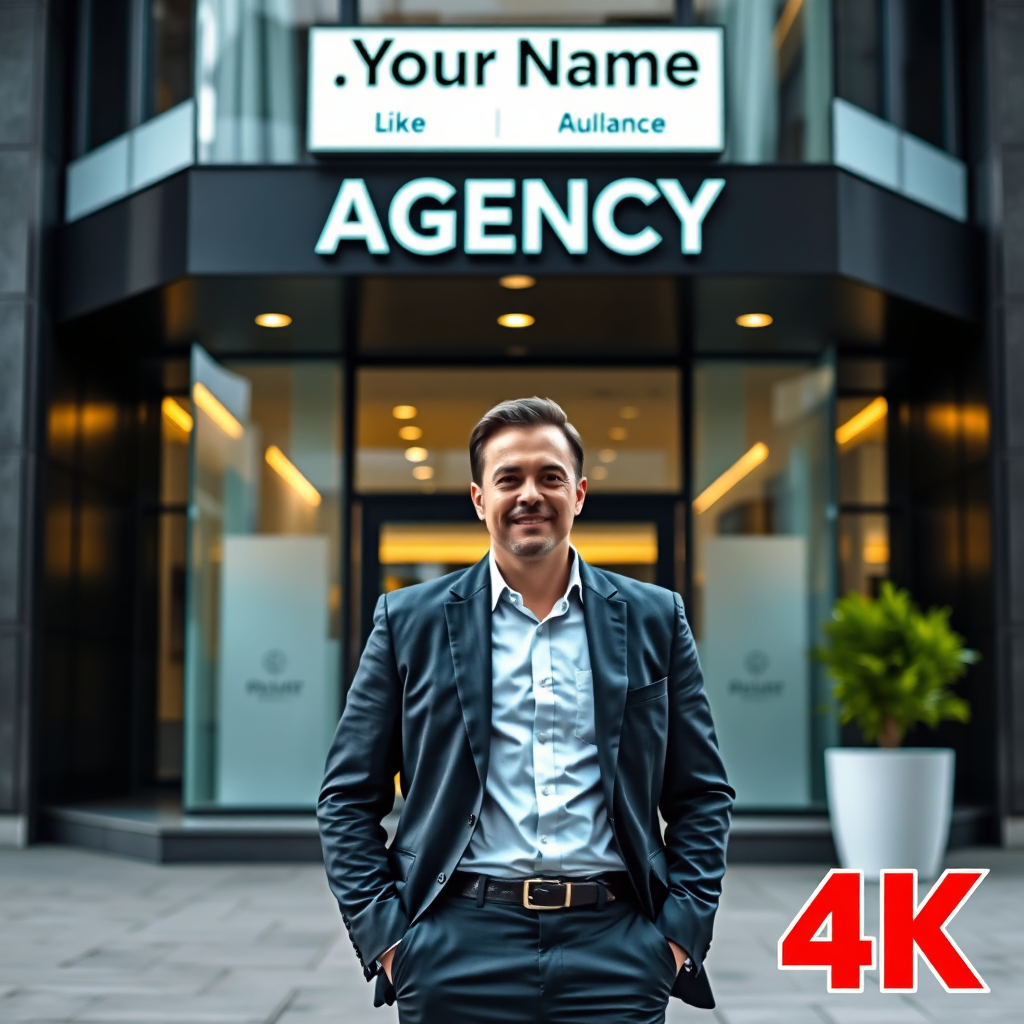 A person confidently standing in front of a modern office building with the sign "[Your Name] Agency" displayed above the entrance. The person is dressed professionally and exuding confidence, symbolizing the successful launch of their own agency. 4K