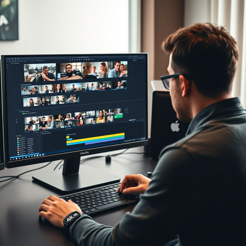 A person editing video footage on a high-end computer. The screen displays a complex timeline with multiple video and audio tracks. The person is skillfully cutting, splicing, and adding effects to create a polished final product. 4K