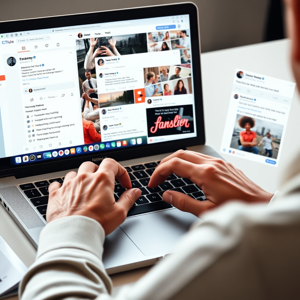 A person is skillfully managing multiple social media accounts on a laptop. Different social media platforms are displayed on the screen, each with a unique feed and engagement metrics. The person is actively responding to comments and messages, fostering a sense of connection. 4K