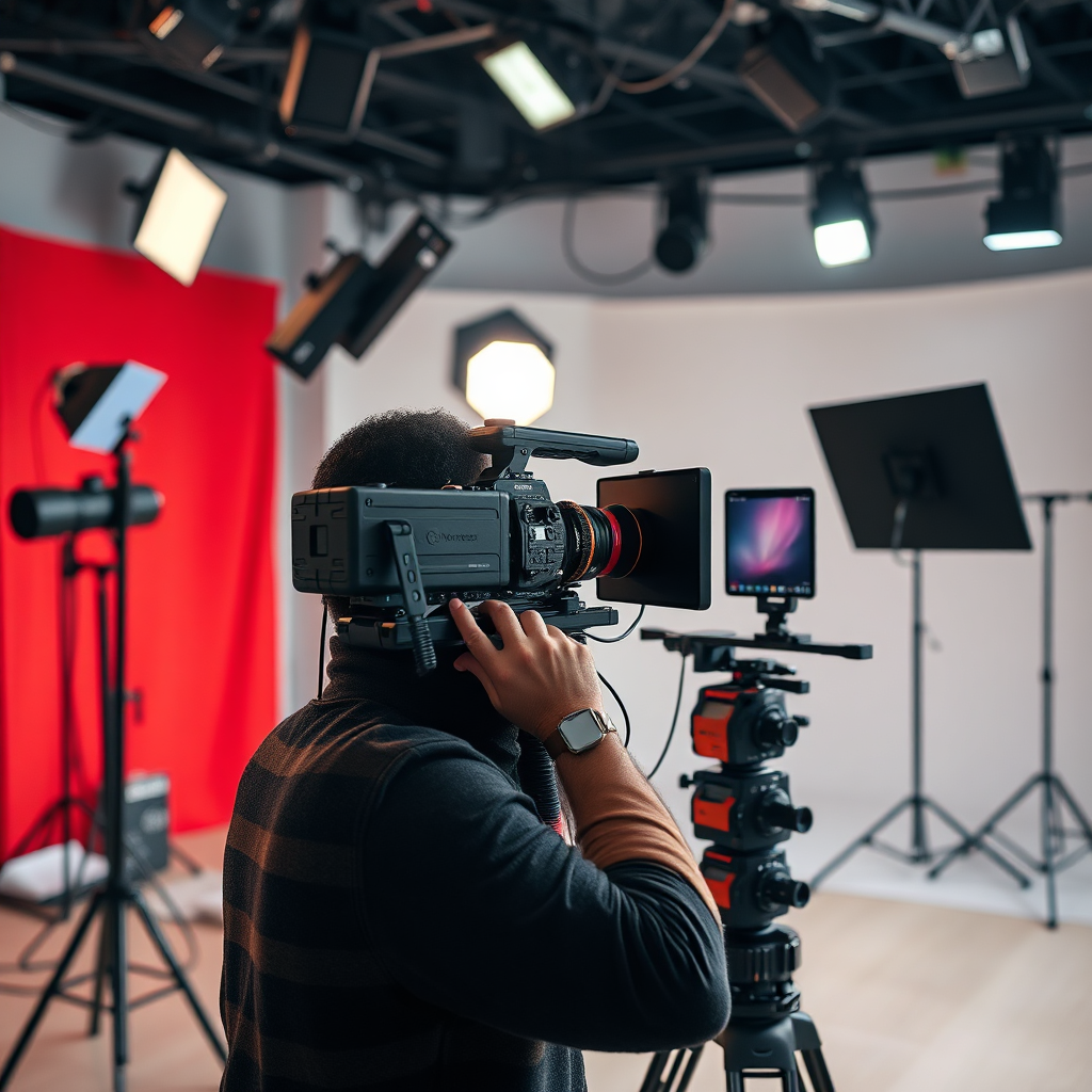 A person setting up professional video equipment in a studio. The equipment includes cameras, lighting, microphones, and reflectors. The person is carefully adjusting the settings to achieve the desired look and feel. 4K