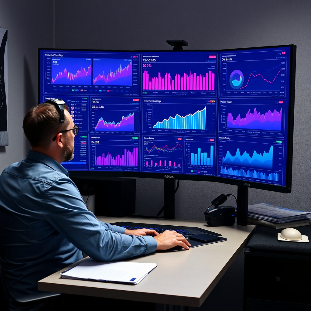 A person sitting at a desk managing multiple ad campaigns on a large monitor. The image should convey expertise, control, and data-driven decision-making. Use graphs, charts, and analytics dashboards on the monitor. 4K resolution.