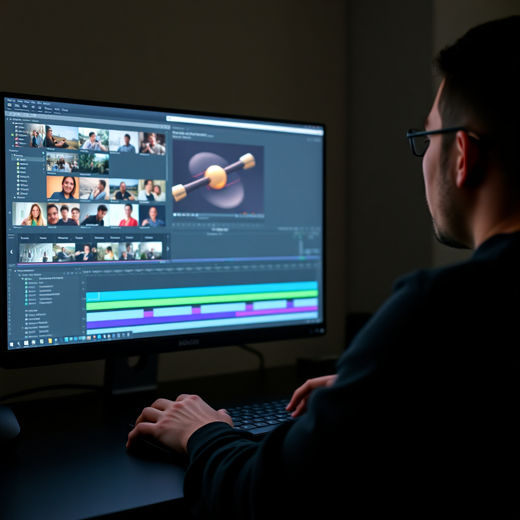 A person using professional video editing software on a high-end computer. The screen displays a complex timeline with multiple video and audio tracks. The room is dimly lit, with the screen illuminating the editor's face. The focus is on the intricate details of the editing process and the creative control the editor has over the video. 4K