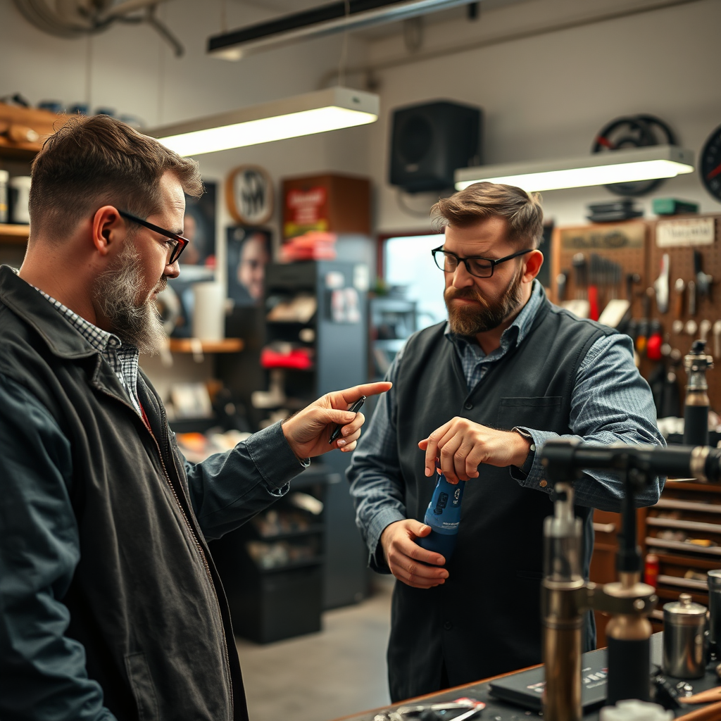 A photograph depicting a barber consulting with a tool specialist in a well-lit shop. The barber is pointing to a specific tool while discussing its features. The atmosphere is professional and helpful. Show expertise and guidance.
