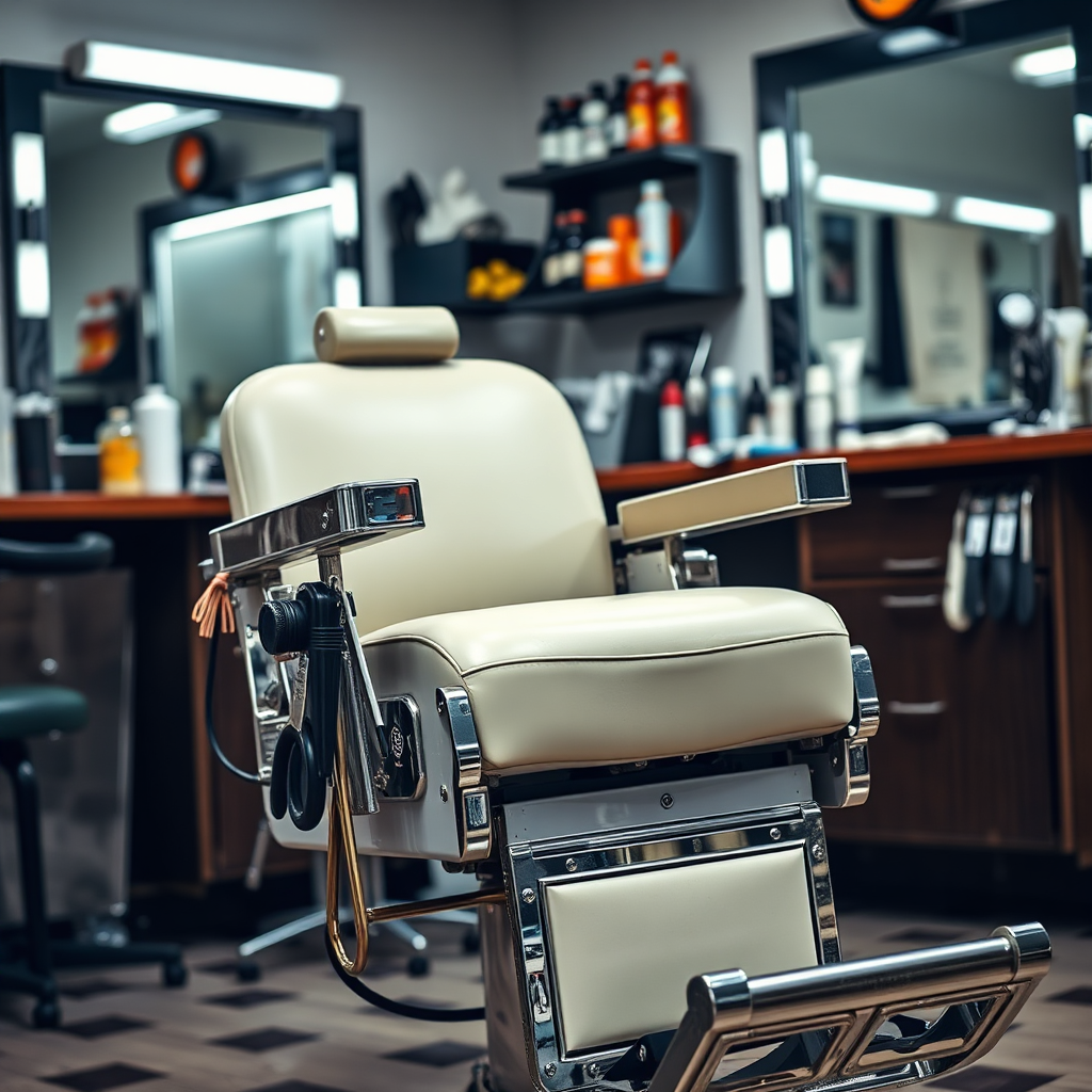 A photograph of a classic barber chair with various tools arranged around it. The chair is clean and well-maintained. The background includes mirrors and shelving stocked with barbering supplies. The lighting is bright and professional. Capture the functionality and reliability of the equipment.