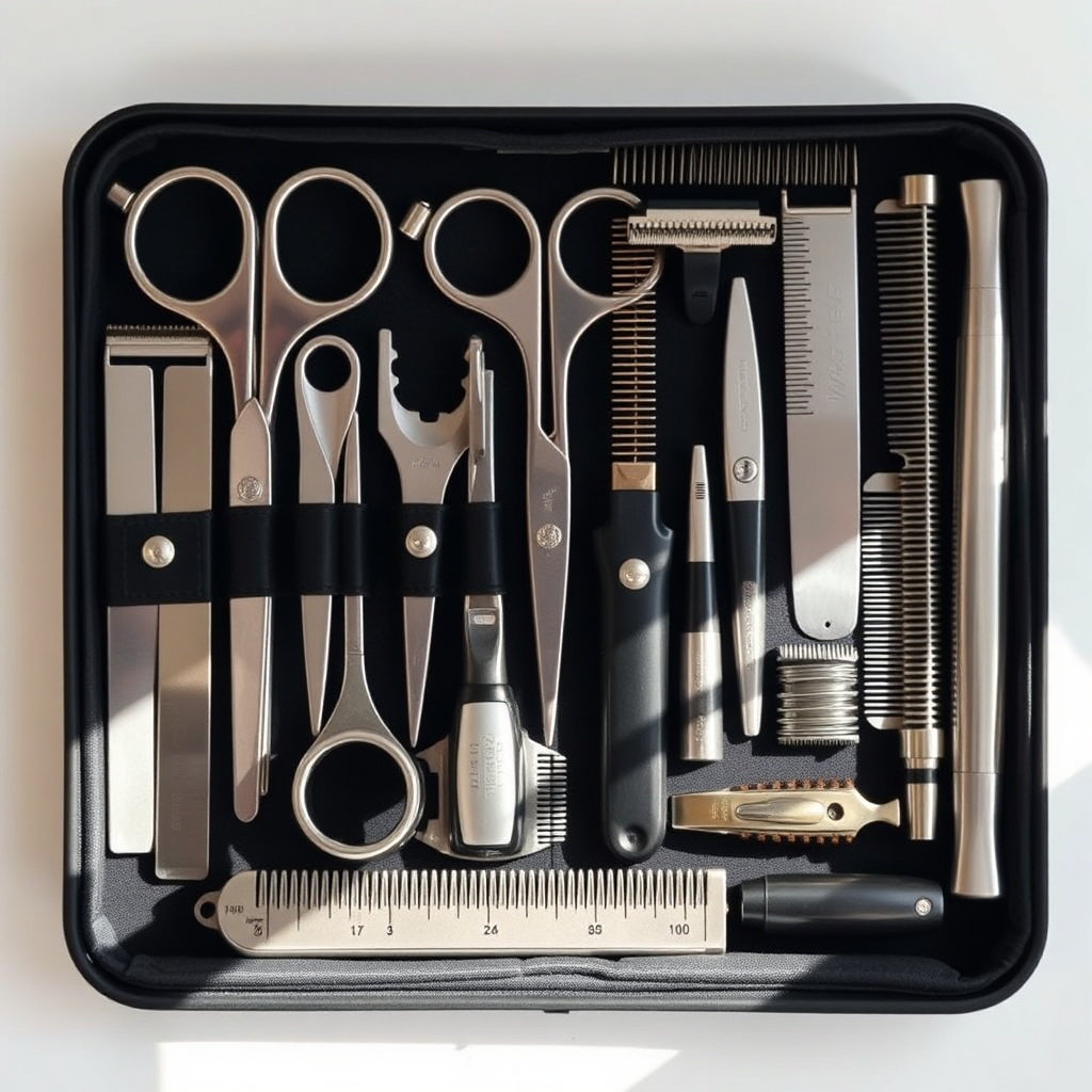 A photograph of a complete barber tool kit neatly arranged in a case. The kit includes scissors, combs, clippers, and other essential tools. Soft, natural light illuminates the kit, highlighting the completeness and organization. Capture the convenience and value.