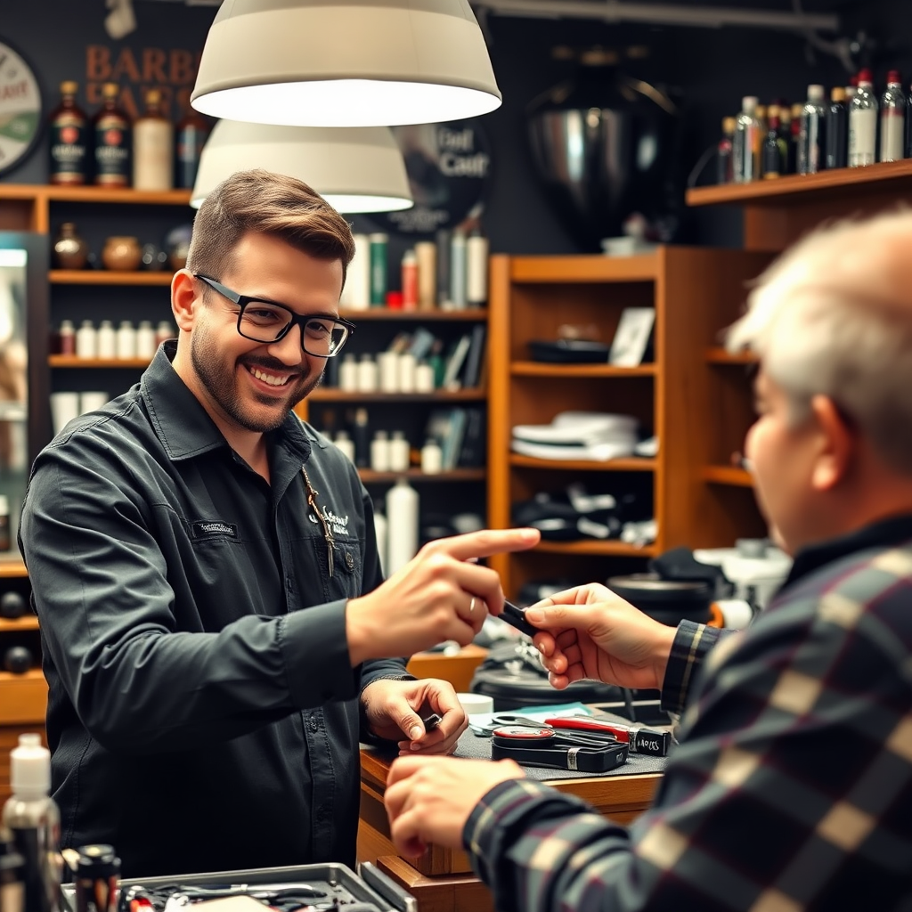  A photograph of a knowledgeable staff member assisting a customer in selecting barber tools. The staff member is smiling and pointing to a specific tool. The background shows a well-organized shop with various barbering supplies. The lighting is warm and inviting. Capture the interaction and helpfulness of the staff.