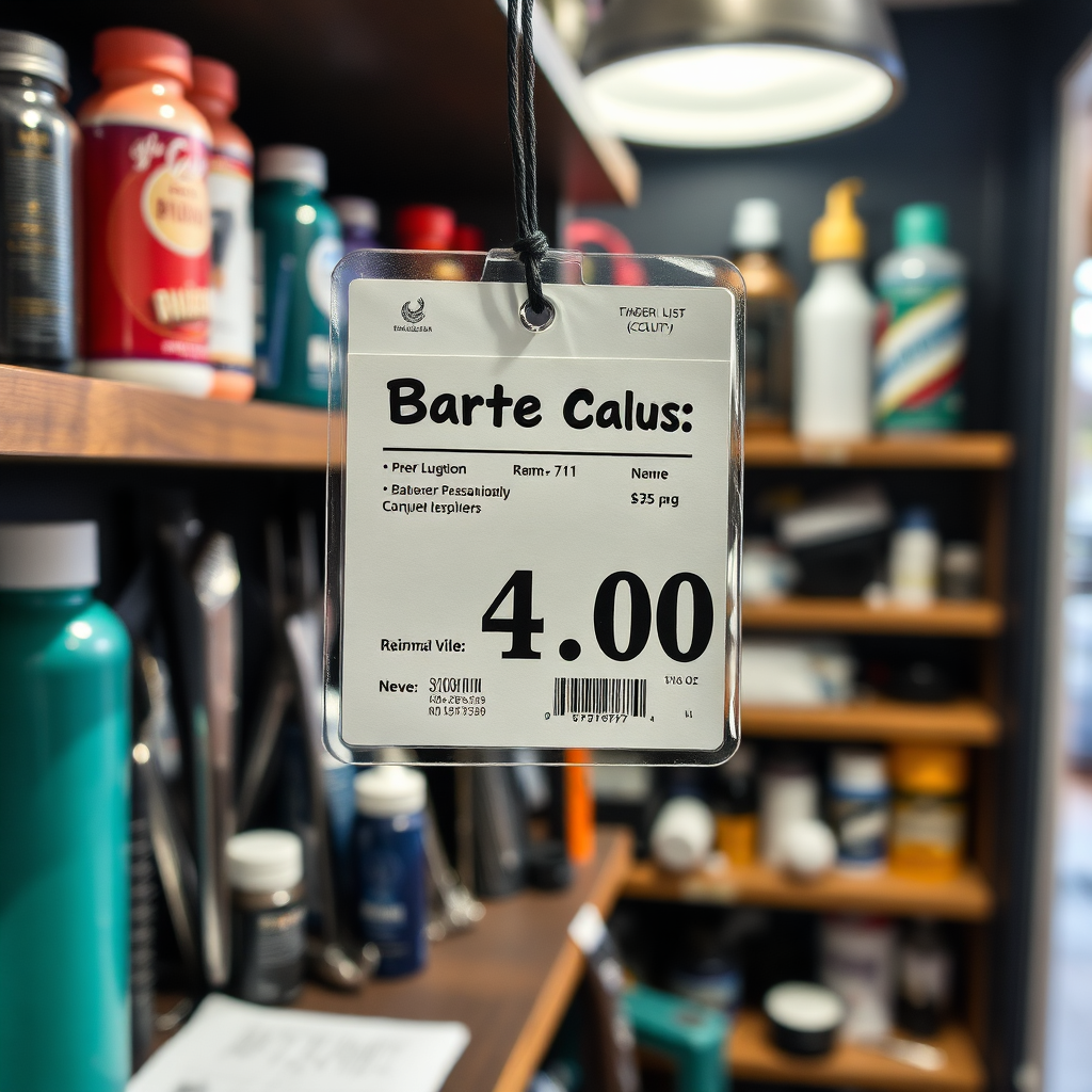 A photograph of a price tag clearly displayed on a shelf of barber tools. The price is reasonable and attractive. The background is a well-organized shop with various barbering supplies. The lighting is bright and professional. Capture the affordability and value.