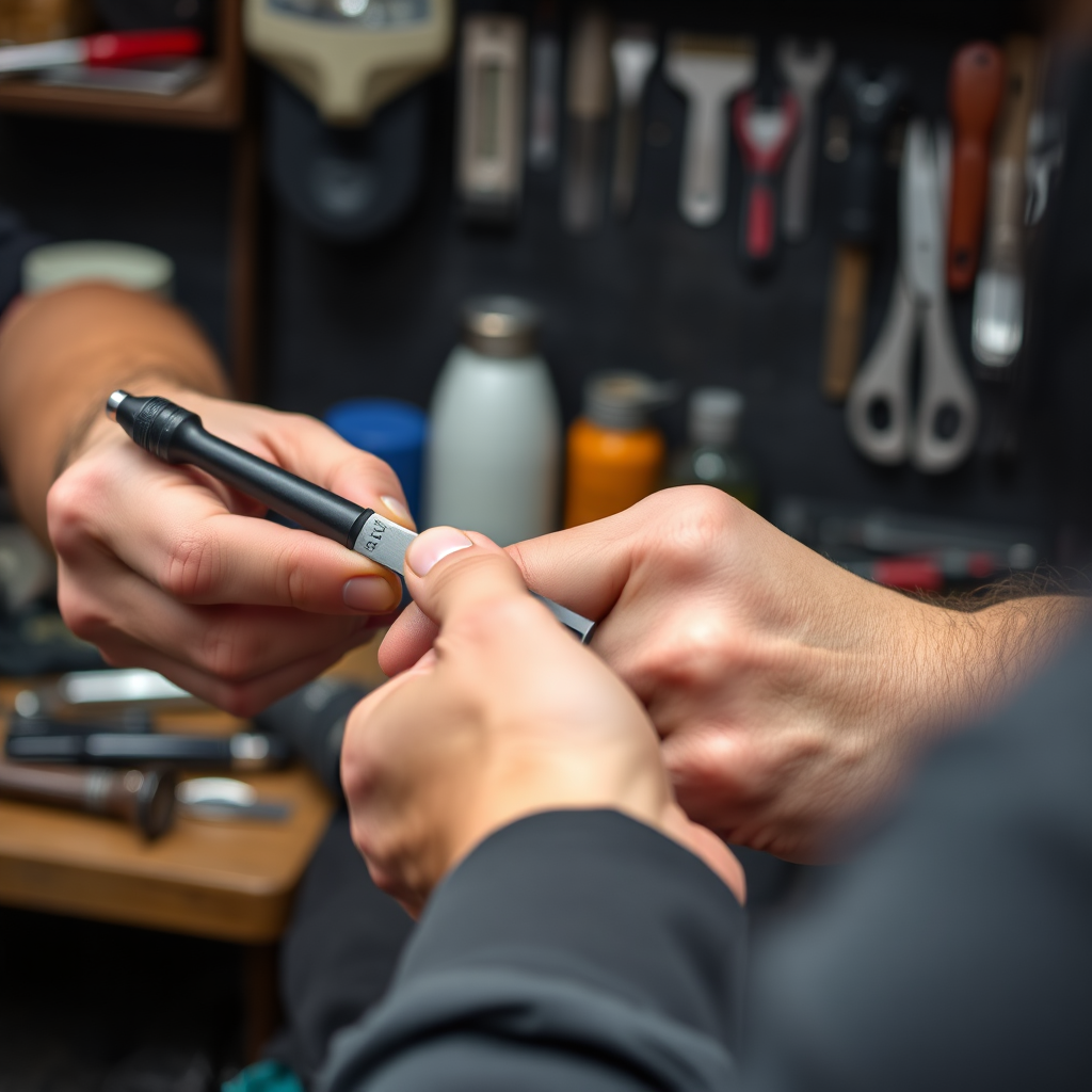 A photograph of a professional sharpening barber tools. The background is a clean and organized workshop with various sharpening tools. Capture the professional sharpening process. Emphasize the sharpness and precision.