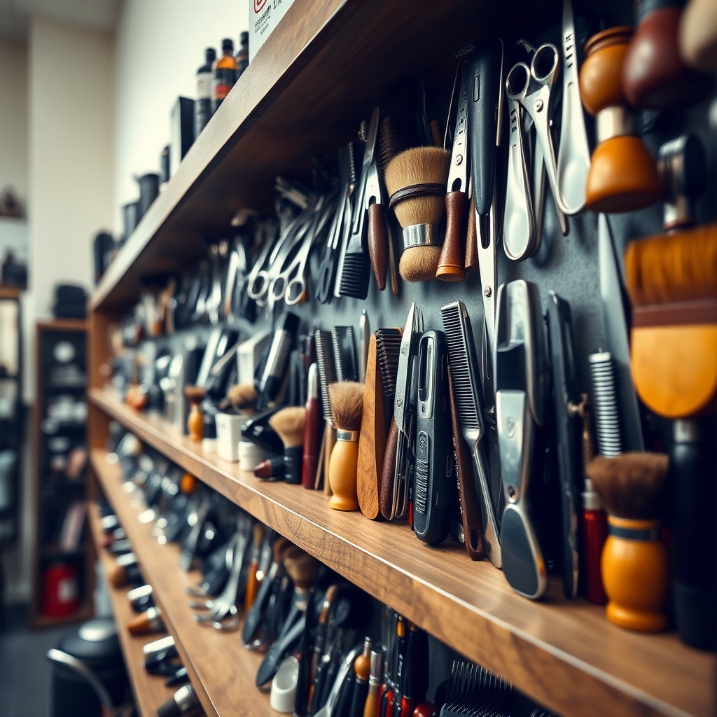  A photograph of a wide, well-stocked shelf filled with various barber tools. Clippers, shears, combs, and brushes are neatly arranged. Soft, natural light illuminates the shelf, highlighting the variety and quality of the tools. Focus on depth of field, blurring the background to emphasize the tools in the foreground. Capture the sense of abundance and quality.
