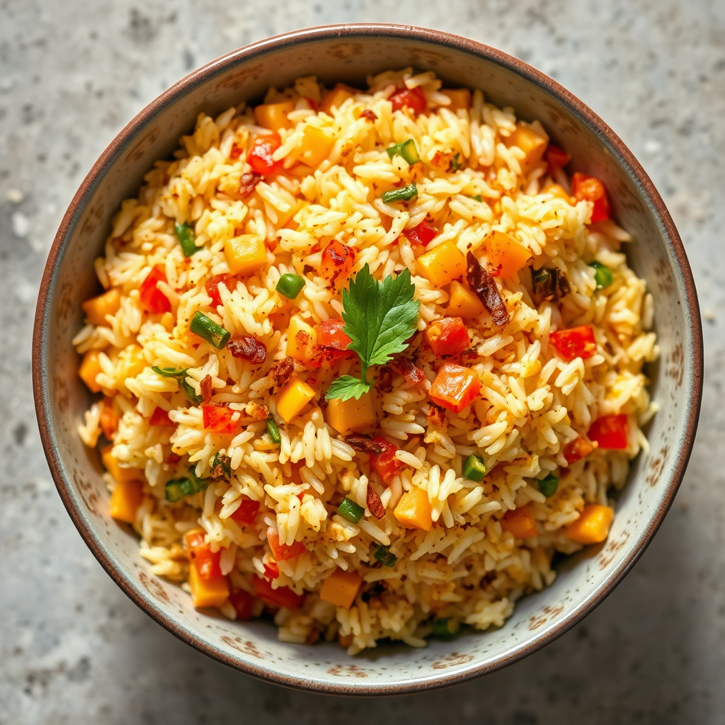A steaming bowl of jollof rice