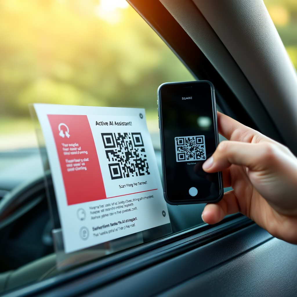 A photorealistic close-up of a QR code flyer attached to a car window. A smartphone is scanning the QR code, activating the AI assistant. The flyer is professionally designed and includes clear instructions. The lighting is natural and appealing. Technical specs: 4K resolution, high quality.
