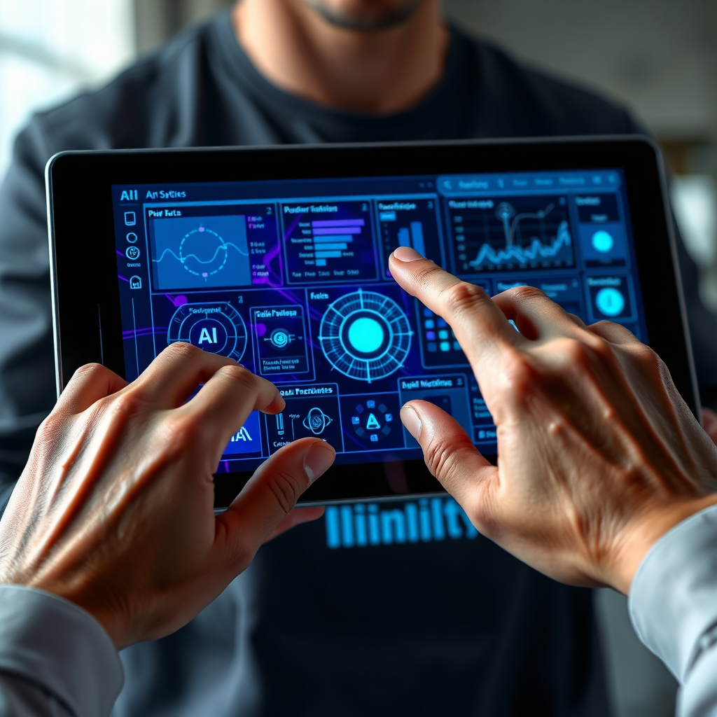 A photorealistic close-up shot of hands interacting with a touchscreen interface. The interface displays complex AI workflows and data visualizations. The color palette is modern and tech-focused, with blues, purples, and grays dominating. The hands are confident and skilled, suggesting mastery of the platform. 4K resolution, high quality.