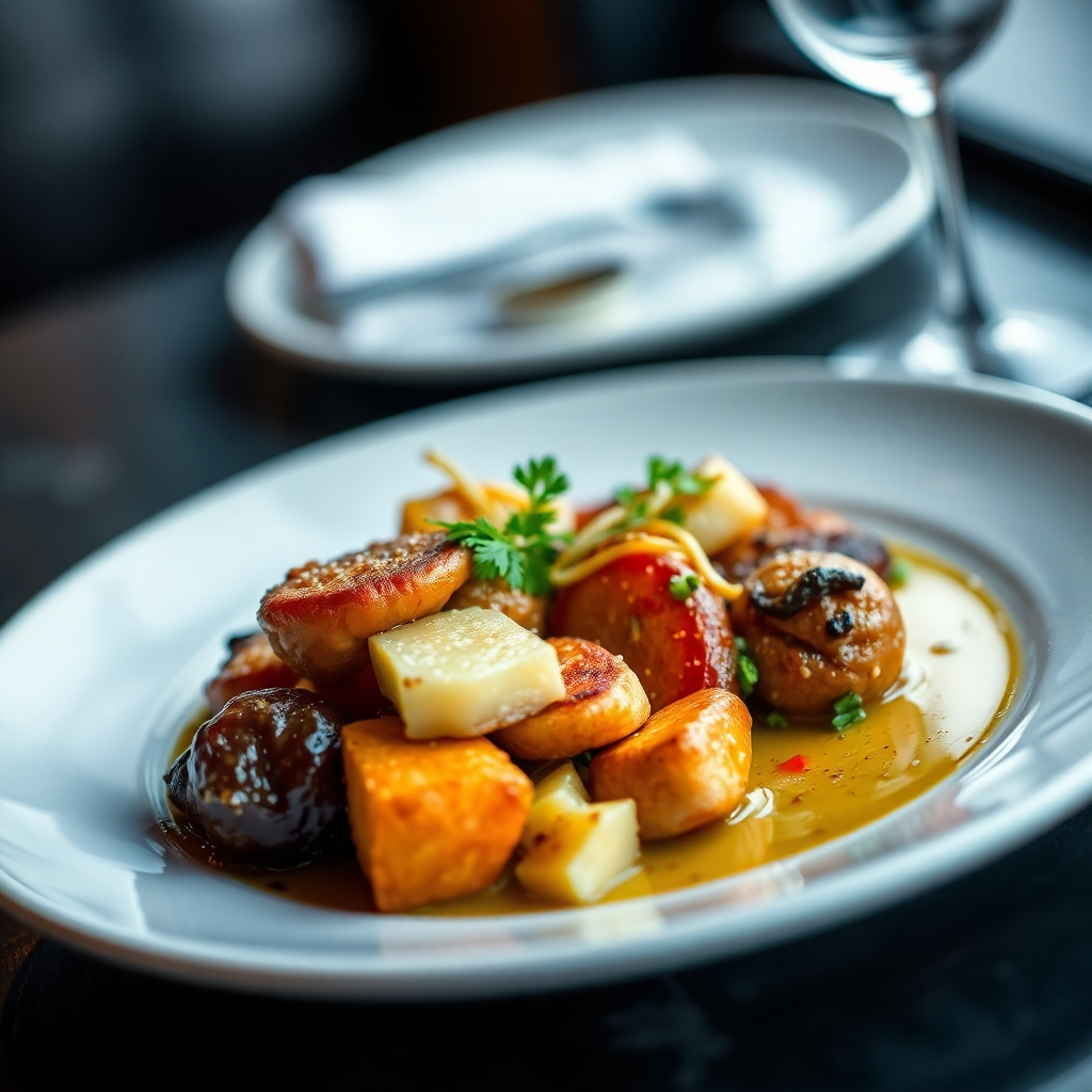 A photorealistic close-up shot of a beautifully plated dish from a featured restaurant, showcasing the textures, colors, and details of the food. The image should be sharp, well-lit, and visually appealing, making the food look incredibly tempting. The background can be slightly blurred to emphasize the dish, and a subtle, elegant setting would complement the image.  Focus on capturing the essence of Russian culinary artistry.
