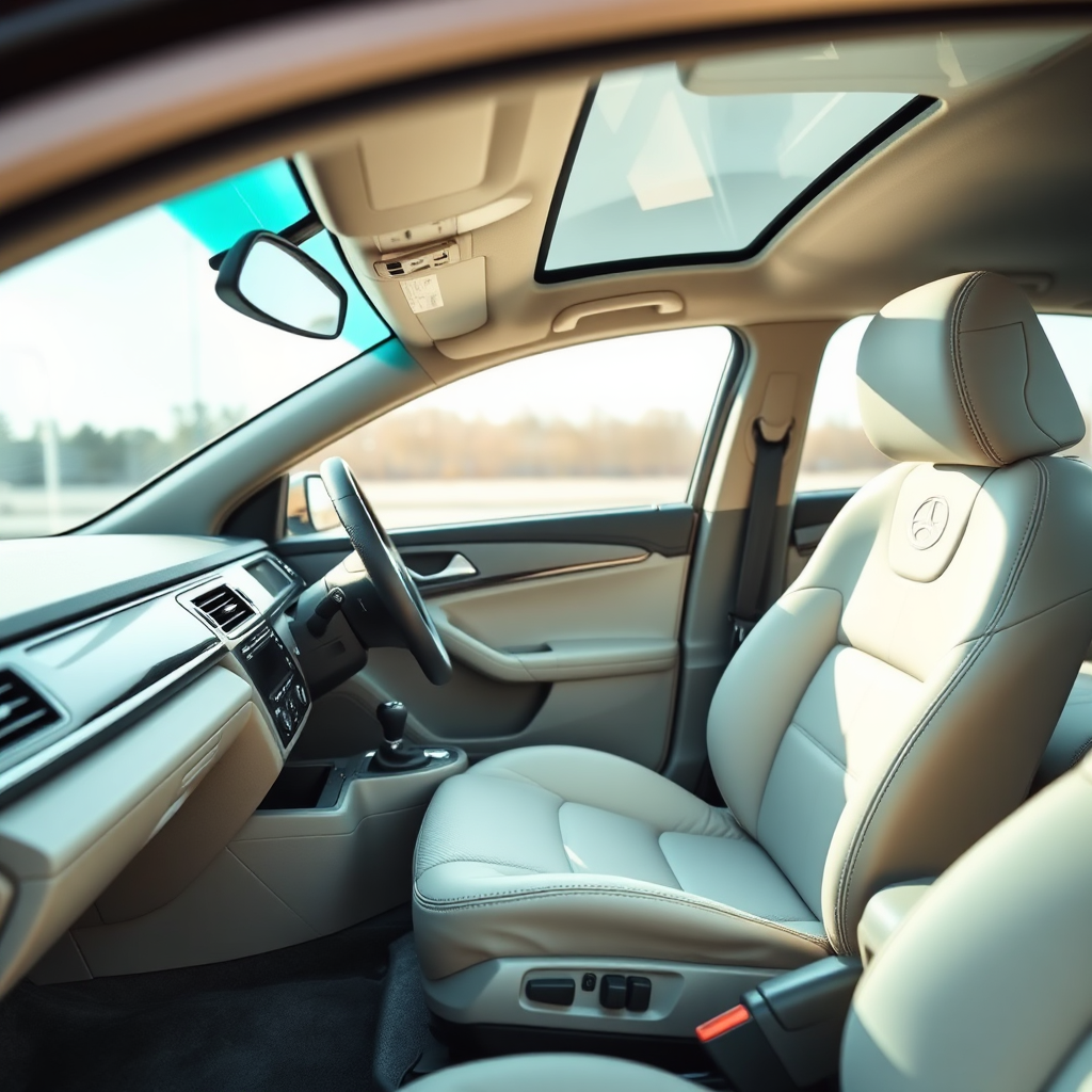 A photorealistic close-up showcasing a meticulously cleaned car interior, highlighting the spotless dashboard, seats, and carpets. Focus on textures and the feeling of cleanliness. Style: Interior automotive photography.