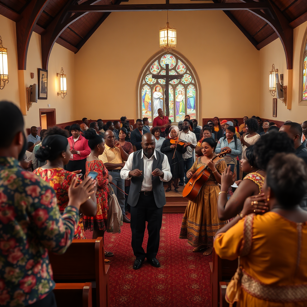 A photorealistic image depicting a community gathering in the Black church, featuring a performance of traditional music and dance. The scene is lively and colorful, showcasing the cultural richness of the community. Style reference: Community event photography. Technical specs: 4K resolution, high quality.