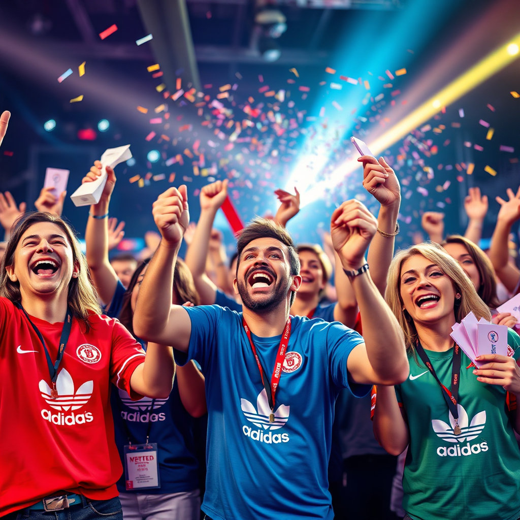 A photorealistic image depicting a group of people celebrating and cheering while holding branded merchandise and prizes. The composition focuses on capturing the excitement and enthusiasm of the event. The lighting is bright and festive, creating a sense of celebration and joy. The color palette includes a mix of vibrant colors reflecting the energy of the event. The camera angle is a wide shot, capturing the full scene of the celebration. Texture details should highlight the various materials and textures of the merchandise and prizes. The overall style is energetic and festive. Rendered in high resolution for clear detail.