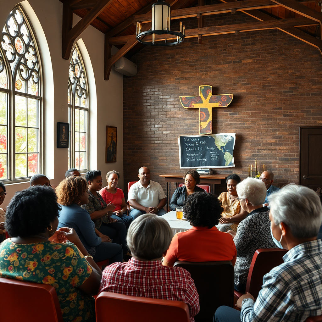 A photorealistic image depicting a community support group meeting within the Black church. The scene shows people connecting and sharing their experiences. Style reference: Community support group photography. Technical specs: 4K resolution, high quality.