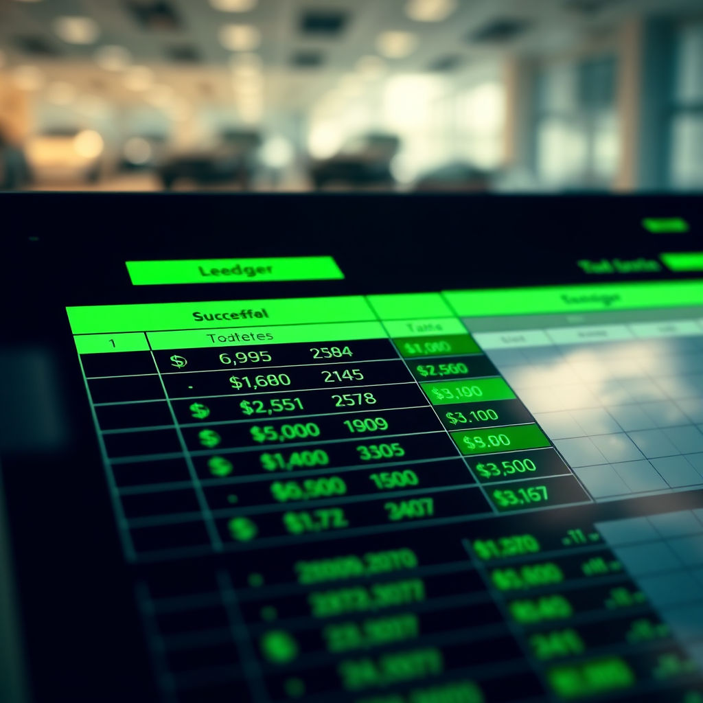 A photorealistic image depicting a digital ledger with successful transactions highlighted in green, representing completed sales. The background shows a subtle car dealership environment. The color palette is dominated by greens and golds, symbolizing financial success. Style reference: Finance and accounting. Technical Specifications: 4k resolution, detailed.