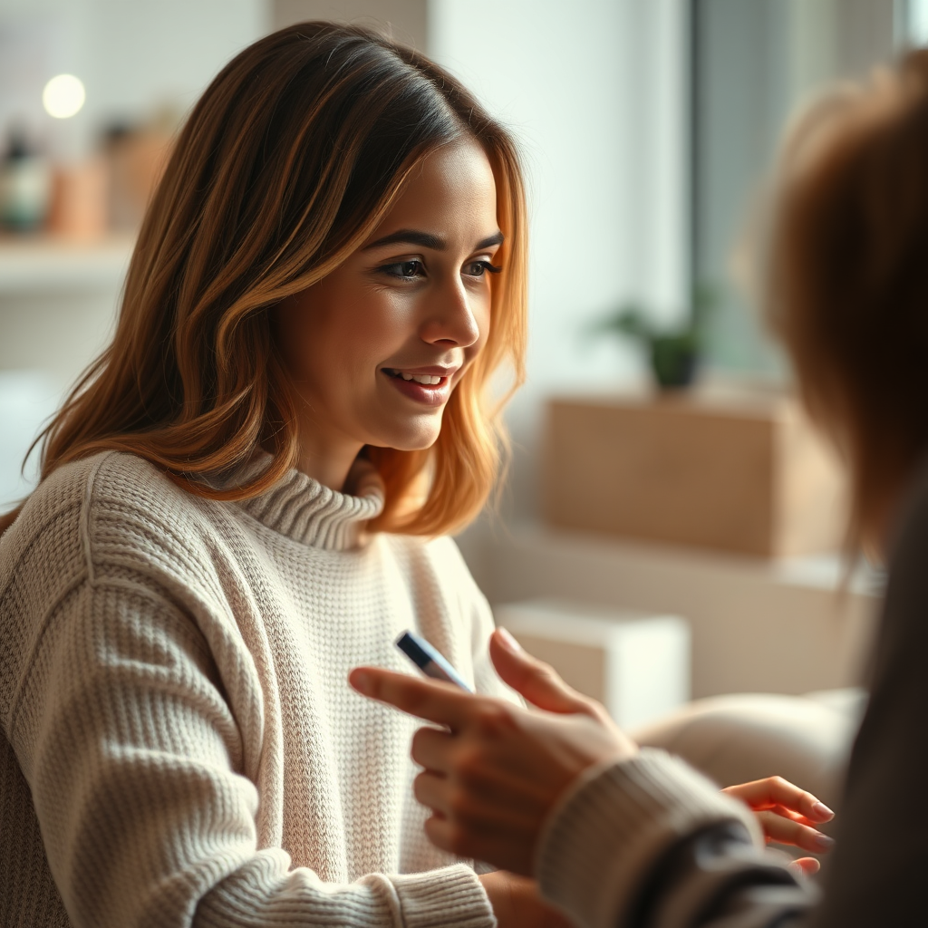 A photorealistic image depicting a customer making a purchase on a website after seeing a recommendation from an influencer. The composition focuses on capturing the seamless transition from influencer recommendation to purchase. The lighting is soft and inviting, creating a sense of trust and confidence. The color palette includes a mix of warm and cool tones reflecting the balance between recommendation and purchase. The camera angle is a close-up shot, emphasizing the expressions and emotions of the customer. Texture details should highlight the sleekness of the website and the authenticity of the recommendation. The overall style is modern and trustworthy. Rendered in high resolution for clear detail.