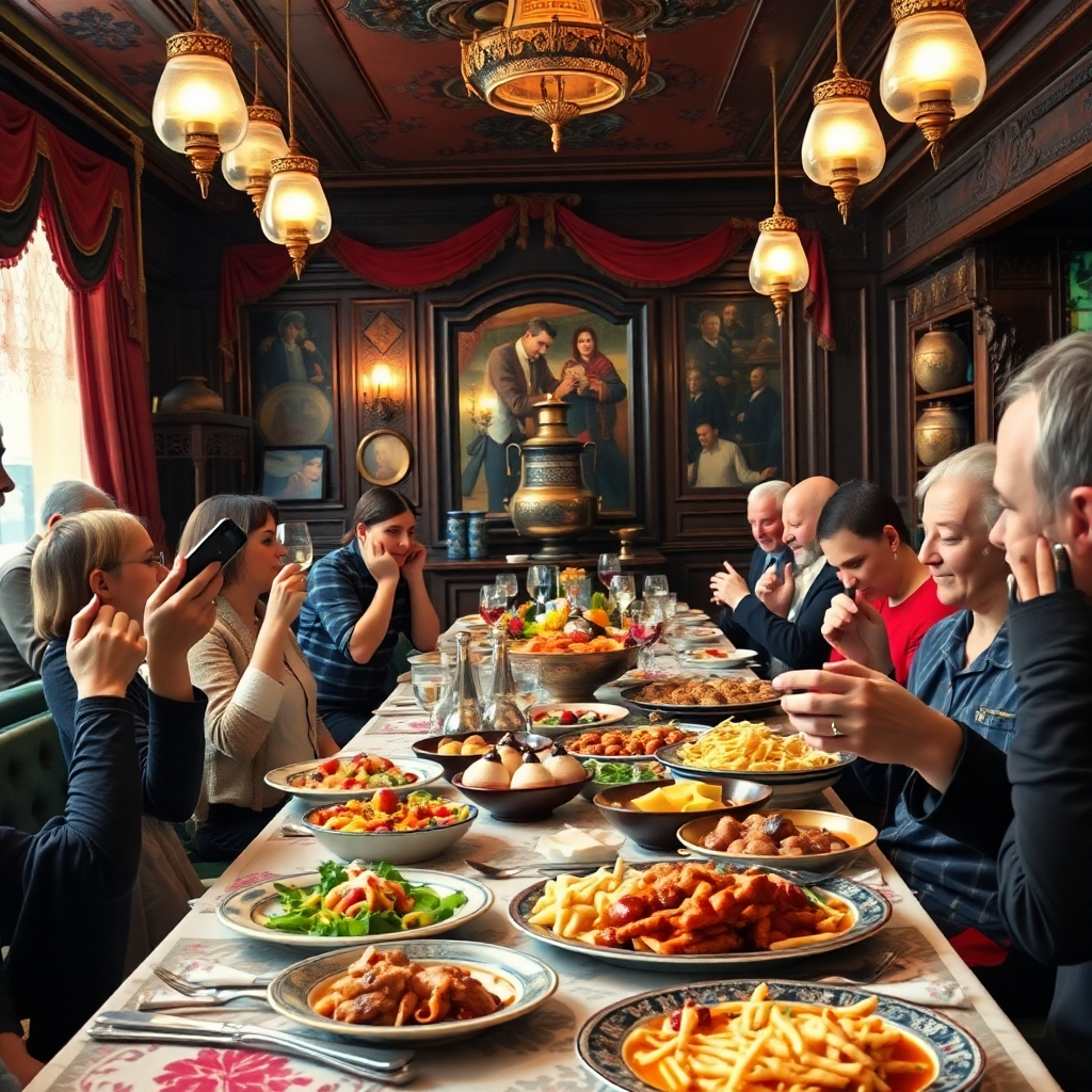 A photorealistic image depicting a vibrant, bustling scene inside a traditional Russian restaurant in Berlin. Show a variety of delicious-looking dishes, happy diners, and warm, inviting decor, with a focus on the rich textures and colors of the food and ambiance. Include details like ornate silverware, embroidered tablecloths, and perhaps a samovar in the background. The lighting should be warm and inviting, creating a sense of comfort and deliciousness.