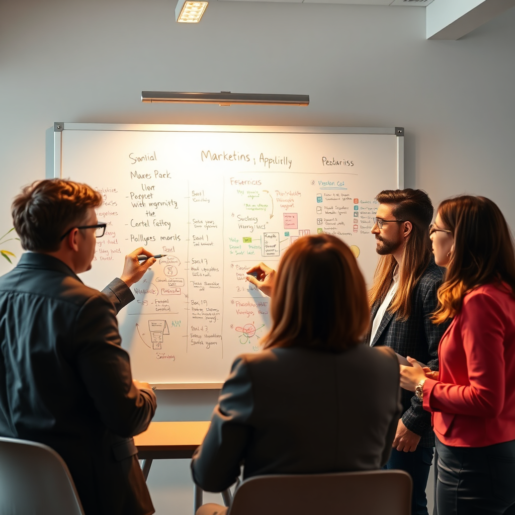 A photorealistic image depicting a team of marketing professionals brainstorming around a whiteboard filled with notes and diagrams. The composition focuses on capturing the collaborative and strategic nature of the discussion. The lighting is warm and inviting, creating a sense of energy and enthusiasm. The color palette includes a mix of vibrant colors reflecting the creativity of the team. The camera angle is a medium shot, capturing the full figures of the team members. Texture details should highlight the various materials and textures of the office environment. The overall style is professional and dynamic. Rendered in high resolution for clear detail.