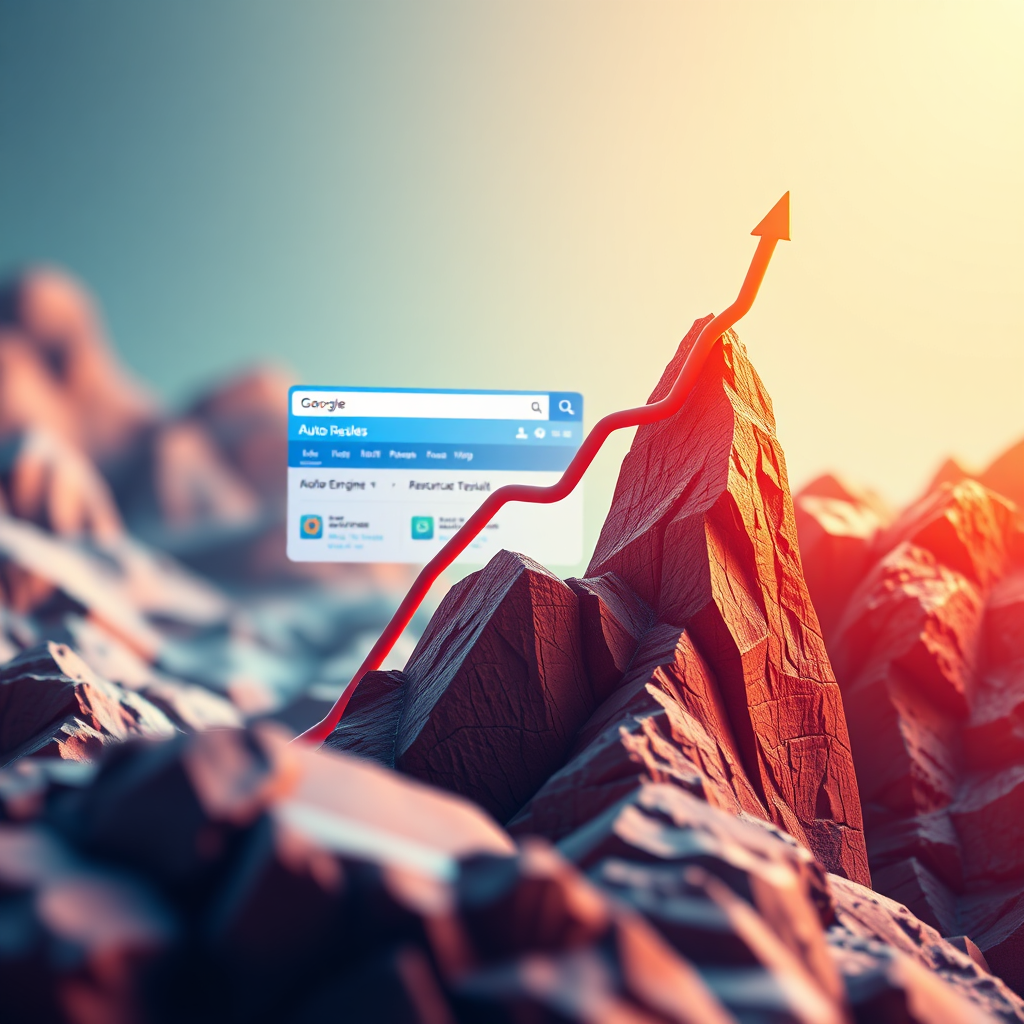 A photorealistic image depicting a website climbing up a search engine results page (SERP). The website should be sleek and modern, representing the auto dealer's brand. The background should be a stylized representation of the internet landscape. The lighting should be bright and optimistic. The color palette should be vibrant and energetic. Technical specs: 4K resolution, high quality rendering.