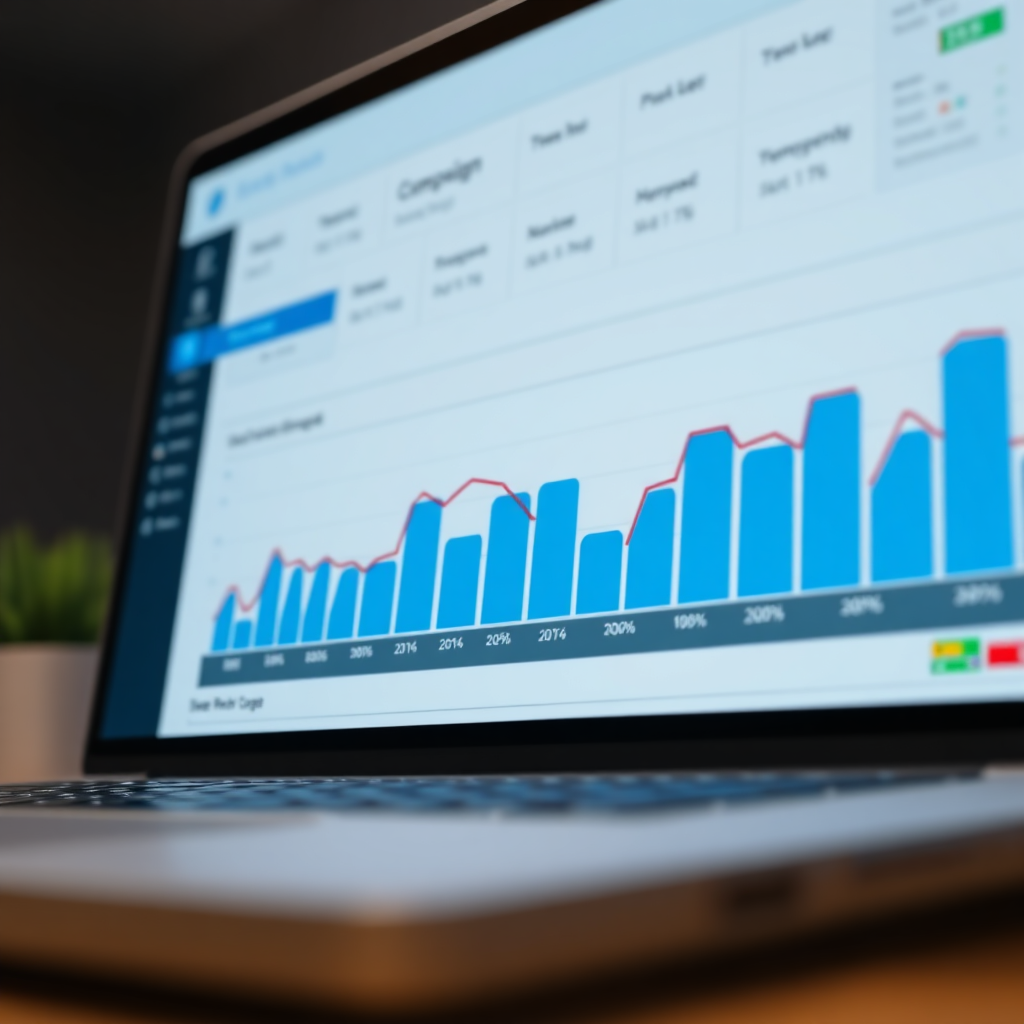A photorealistic image depicting a project management dashboard showcasing the timeline of a campaign's different stages. The dashboard features charts and graphs showcasing project milestones and budget allocations. The background is a clean, modern interface. Color palette is professional and informative, with a focus on blues and greens. The camera angle is a close-up, focusing on the dashboard. Texture details include the smooth surface of the screen and the clear display of the data. 4K resolution.