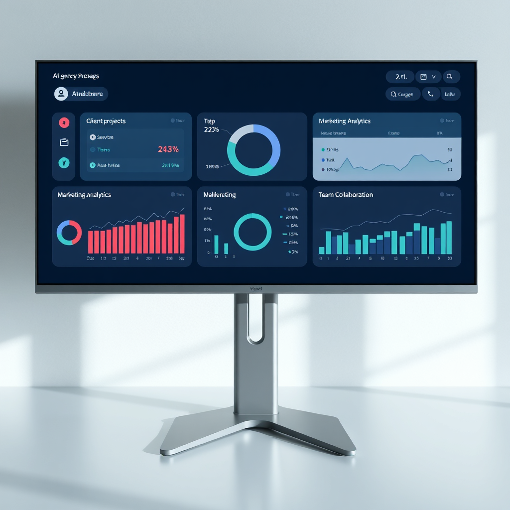 A photorealistic image displaying a clean, intuitive dashboard interface on a large monitor. The dashboard features various widgets and graphs representing different aspects of AI agency management – client projects, revenue streams, marketing analytics, and team collaboration. The color palette is professional and calming, with blues, greens, and grays dominating. The scene is well-lit, with soft shadows enhancing the sense of depth. Include visual cues that suggest user-friendliness and efficiency. Style: Modern UI/UX design. 4K resolution, high quality.