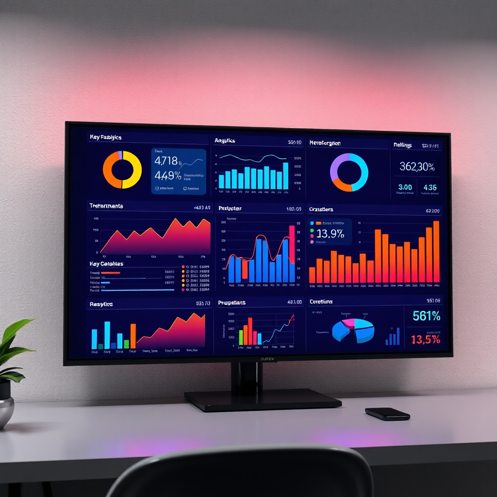 A photorealistic image featuring a detailed analytics dashboard showcasing performance metrics of a marketing campaign. Include charts, graphs, and data visualizations displayed on a large monitor. Focus on presenting information in an easy-to-understand format, such as key performance indicators (KPIs) and return on investment (ROI). Lighting is professional, with pops of vibrant colors highlighting significant data points. Rendered in 4K resolution.