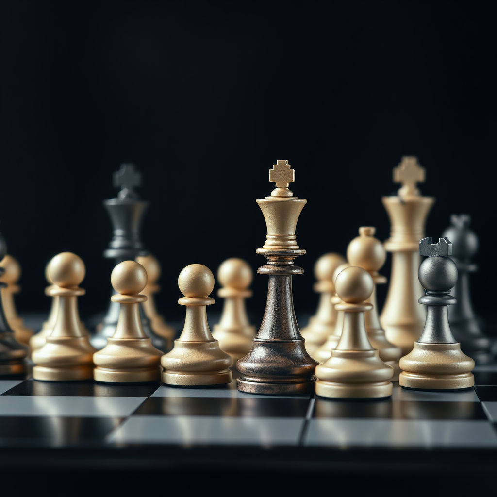 A photorealistic image of a chess game in progress, with one side clearly dominating the other, symbolizing strategic advantage. The background is blurred, emphasizing the focus on the chess pieces. The color palette is dark and sophisticated, with blacks, whites, and grays dominating. Technical specs: 4K resolution, high quality.