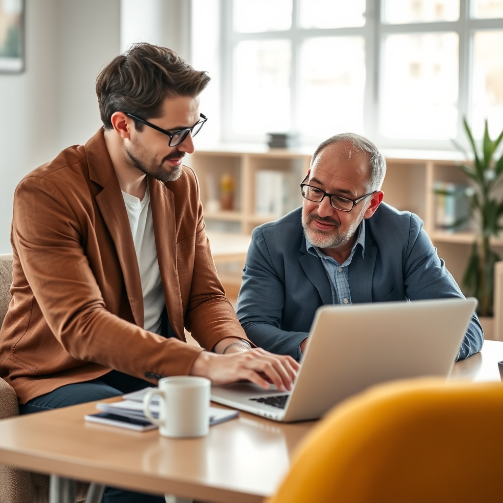 A photorealistic image of a coach and client engaged in a productive conversation, working together on a laptop. The coach is providing helpful insights, indicated by visual cues such as graphs or diagrams. The setting is a bright, comfortable office space. 4k resolution.