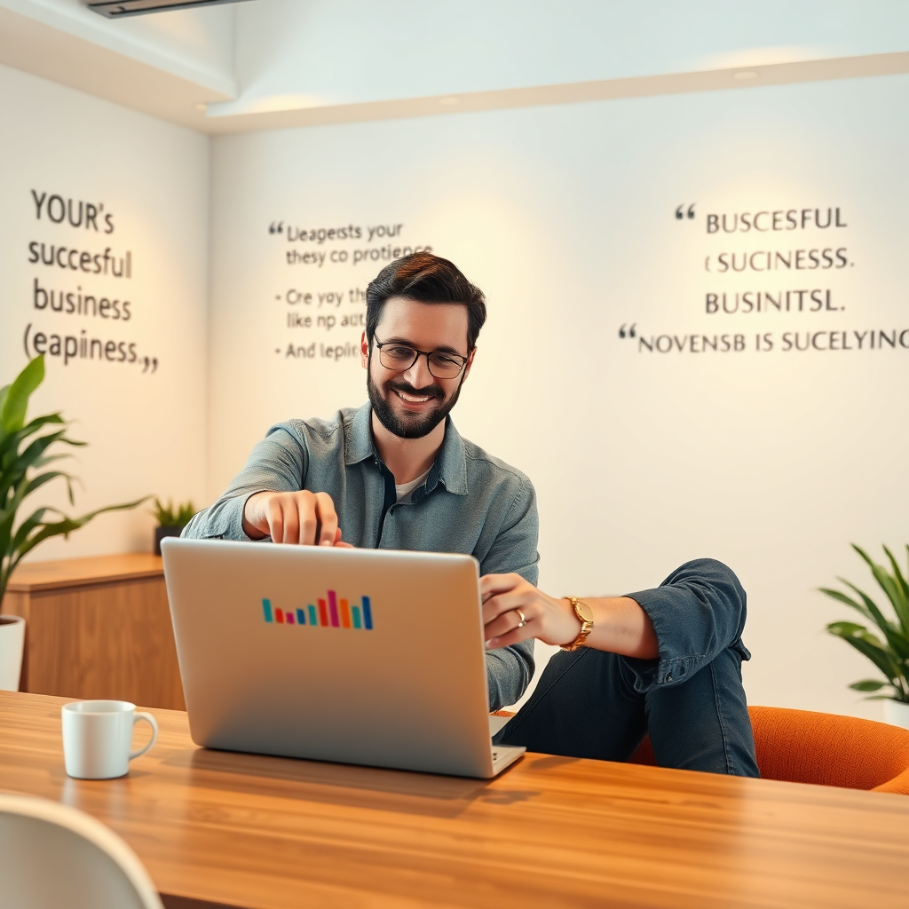 A photorealistic image of a coach and a student in a one-on-one training session, working collaboratively on a laptop. The coach is pointing to a successful business dashboard. The setting is a modern, bright office space with motivational quotes on the wall. The lighting is warm and inviting, promoting trust and support. 4k, photorealistic.