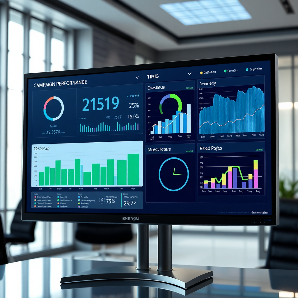 A photorealistic image of a dashboard displaying various charts and graphs representing campaign performance metrics. The dashboard is displayed on a large monitor in a modern office setting. The lighting is soft and diffused, minimizing glare on the screen. The color palette includes a mix of blue, green, and gray tones, reflecting the analytical nature of the data. The camera angle is a slightly angled close-up shot, emphasizing the clarity and readability of the dashboard. Texture details should highlight the sleekness of the monitor and the precision of the data visualization. The overall style is professional and informative. Rendered in high resolution for sharp detail.