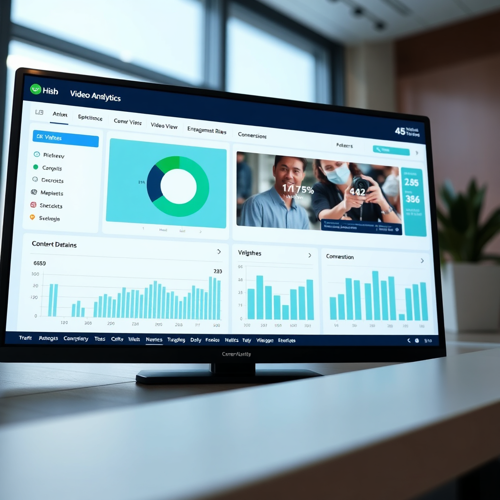 A photorealistic image of a dashboard displaying video analytics data. The dashboard features charts and graphs showing video views, engagement rates, and conversion metrics. The background is a clean, modern interface. Color palette is professional and informative, with a focus on blues and greens. The camera angle is a close-up, focusing on the dashboard. Texture details include the smooth surface of the screen and the clear display of the data. 4K resolution.