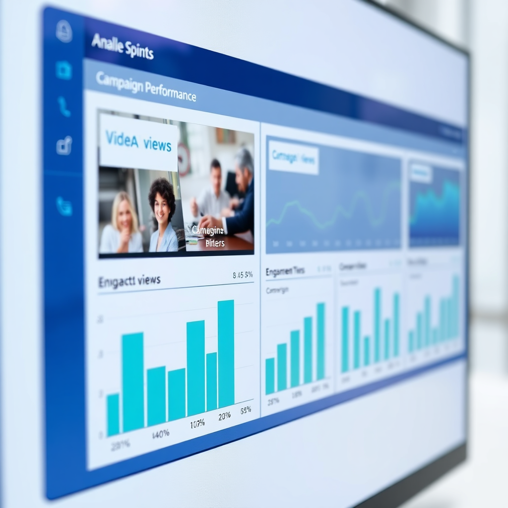 A photorealistic image of a detailed analytics dashboard showcasing campaign performance metrics. The dashboard features charts and graphs displaying video views, engagement rates, and conversion metrics. The background is a clean, modern interface. Color palette is professional and informative, with a focus on blues and greens. The camera angle is a close-up, focusing on the dashboard. Texture details include the smooth surface of the screen and the clear display of the data. 4K resolution.