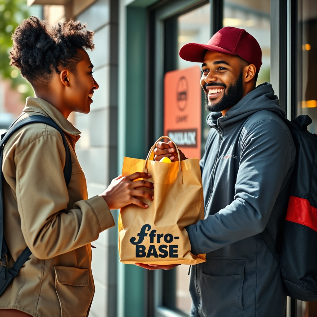 Delivery driver handing food to customer