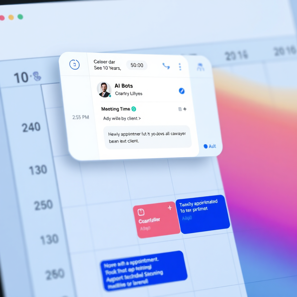 A photorealistic image of a digital calendar interface seamlessly integrated with a chat window. The chat window shows an AI chatbot confirming a meeting time with a potential client. The calendar displays the lawyer's schedule, highlighting the newly booked appointment. The interface is clean and modern, with clear visual indicators of the appointment details. The color palette uses calm and professional colors, conveying efficiency and organization. Technical specs: high resolution, focus on detail and clarity. Style references: modern calendar app design and scheduling tools. Camera angle: slightly angled, showing both the calendar interface and the chat window.