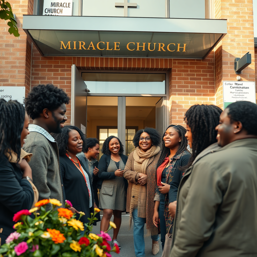 A photorealistic image of a diverse group of Black people gathered outside Miracle Church in Berlin. The church is modern but welcoming, with a large, open doorway. The people are smiling and laughing, engaged in conversation. Some are embracing. The composition should be balanced, with the church in the background and the people in the foreground. Lighting should be bright and natural, conveying a sense of warmth and community. The color palette should be warm and inviting, with earthy tones and pops of color. The camera angle should be eye-level, capturing the connection between the people. Capture the texture of the clothing, the brick of the church, and the greenery surrounding the building. The environment is a lively street scene in Berlin. Relevant props include church signage, flowers, and community event posters. Style reference: Documentary photography. Technical specs: 4K resolution, high quality.