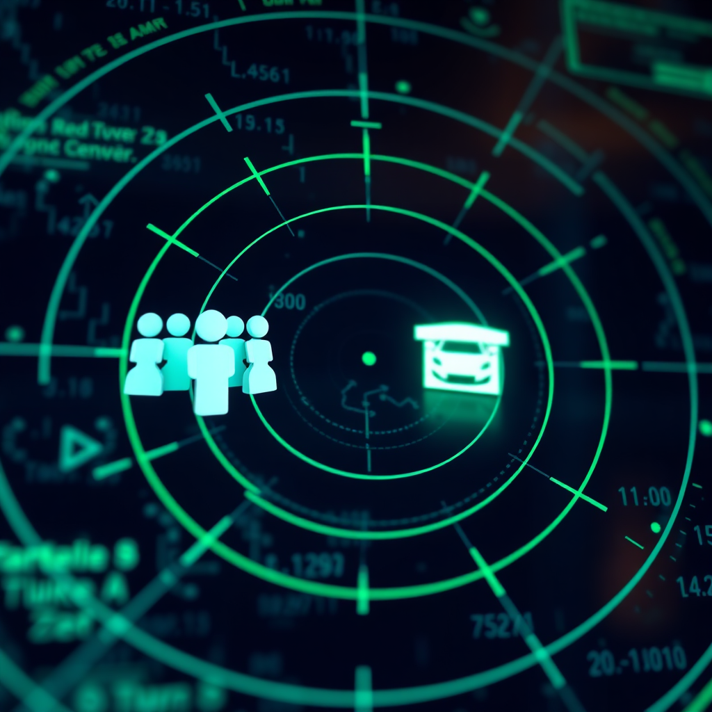A photorealistic image of a digital radar screen highlighting a group of targeted 'leads' (represented by stylized icons) approaching a car dealership icon. The background is a dark, abstract representation of the internet. The color palette is dominated by greens and blues, representing focus and accuracy. Style reference: Cybersecurity and targeted marketing. Technical Specifications: 4k resolution, detailed.